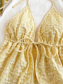 Soleia Women's Summer Casual Halter V-Neck Tie-Wrap Backless Textured Fabric Tank Top For Holiday, Date, Valentine's Day, Afternoon Tea