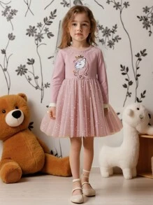 SHEIN Young Girl Unicorn Print Mesh Hem Thermal Lined Dress