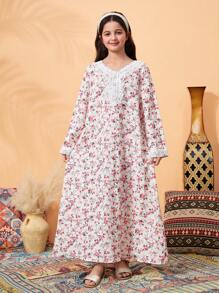 Tween Girl 花卉蕾丝边宽松长袖喇叭裙连衣裙，适合户外聚会，粉色 - 粉色 - 查看 4