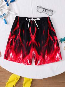 SHEIN Tween Boy Casual Street Flame Print Pattern Swim Trunks, Swimwear For Beach, Swimming, Surfing - Red - View 2