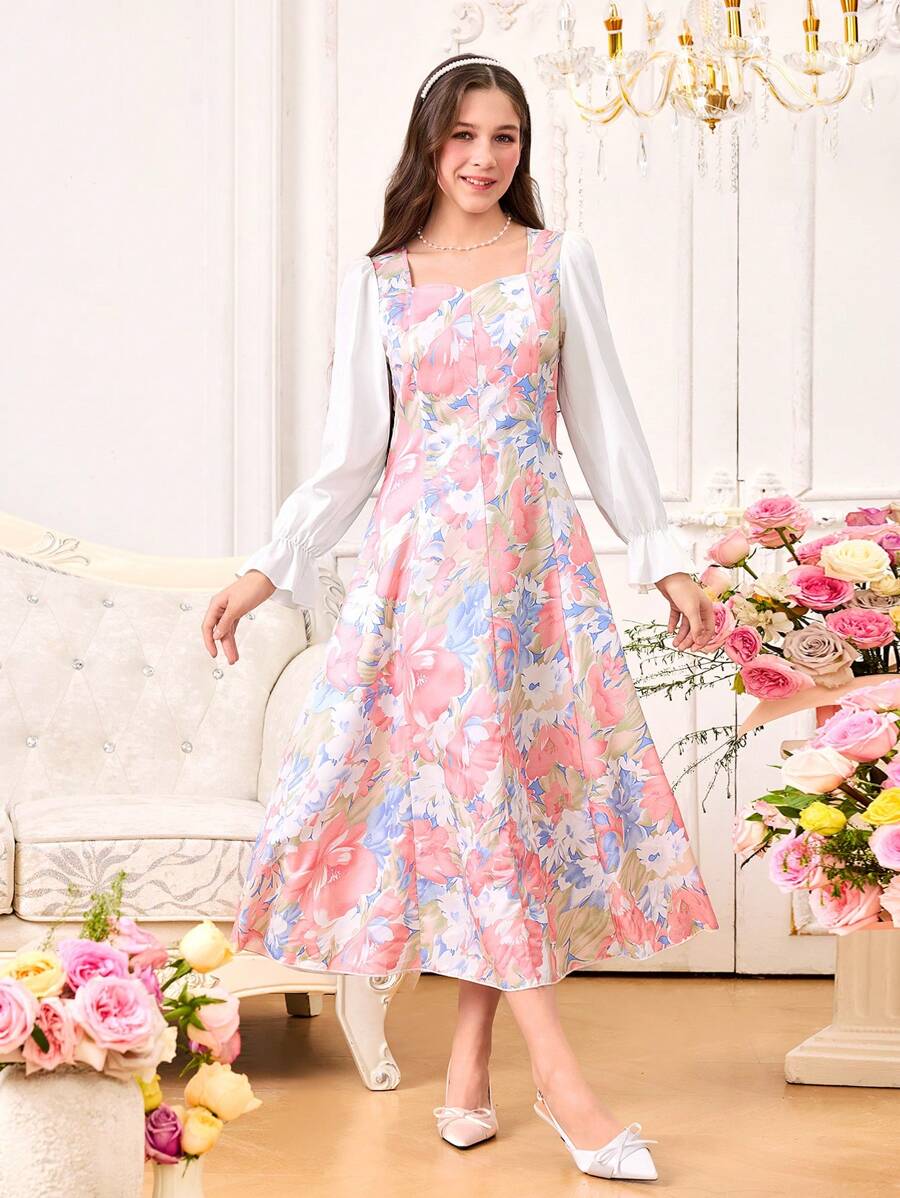 少女花卉印花纯色拼接灯笼袖 A 字形连衣裙,心形领设计,适合春夏季 - 彩色 - 查看 1