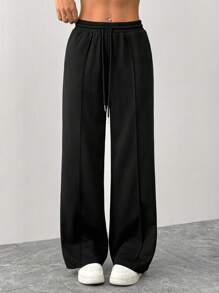 SHEIN PETITE 女士高腰抽绳松紧腰华夫格阔腿运动裤 - 黑色 - 查看 6