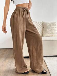 SHEIN EZwear Women's Solid Color Tie Waist Straight Leg Textured Loose Pants