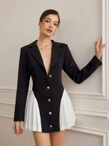 Aveloria Rosie Vestido corto elegante para mujer con diseño de bloqueo de color en el cuello tipo blazer, basta y cintura, con botones delanteros
