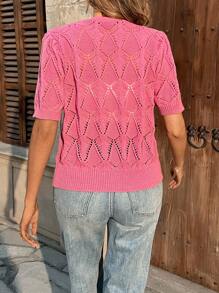 Chiquease 春夏新款V领镂空泡泡袖短袖针织开衫 - 玫紅色 - 查看 2