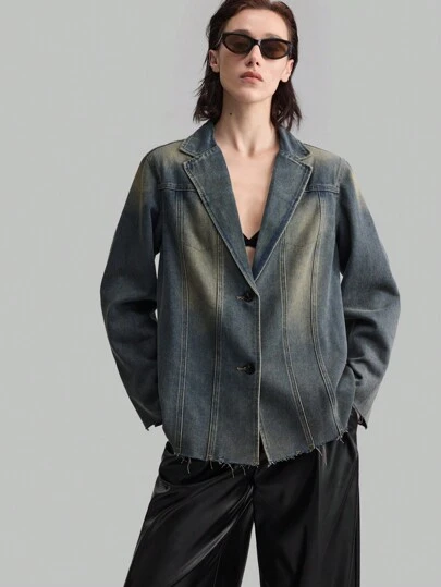 Ontre 女士牛仔夹克，休闲宽松长袖西装外套，蓝色