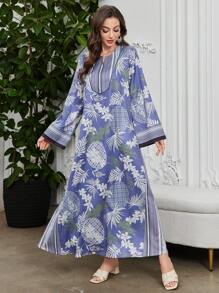 Al Najma 2025 Spring & Summer New Vintage Fashion Retro Print Patchwork Loose Long Dress, Kaftan & Jalabiya - Multicolor - View 4