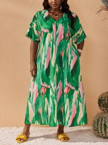 Slaydiva Plus Size Women Casual & Vacation Loose V-Neck Short Sleeve A-Line Dress With Pockets, Watercolor Brush Stroke Printed, Spring/Summer - Green - View 6