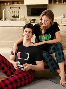 CoupledUp Women Round Neck Short Sleeve Simple Top And Long Pants Pajama Set - Black - View 1