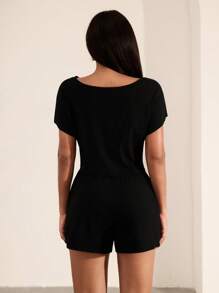 Hanevo 2pcs Women's Solid Color V-Neck Short Sleeve Top And Shorts Casual Suit Sportwear For Daily Wear