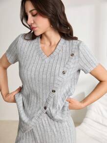 Solid Color Casual Brushed Side Slit Button Decor Women Pajama Set - Light Grey - View 1