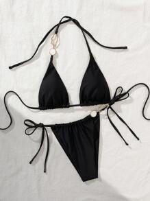 SHEIN Swim Sexy Black Beachwear Set For Women, Featuring Gold Hardware, Halter Bikini Top And Tie-Side Bottom