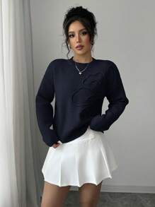 Chiquease Suéter de cuello redondo de mujer con estampado floral sobre fondo liso - Azul Marino - Ver 3