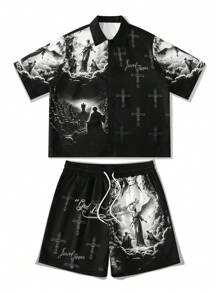 Manfinity EMRG Set de 2 piezas de top de manga corta con cremallera delantera y estampado minimalista, y pantalones cortos para hombres - Multicolor - Ver 5