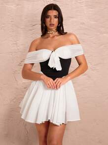 SHEIN BAE Elegant Black And White Summer Princess Dress,Off-Shoulder Bowknot Strap Sweet Girl Fitted Fluffy Birthday Party Dress For Dates&Prom - Black and White - View 6