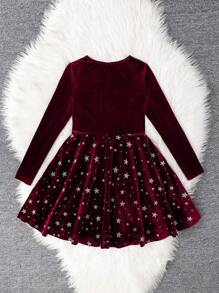 SHEIN Tween Girl 天鹅绒拼接圣诞星优雅 A 字形红色长袖连衣裙 - 紅色 - 查看 2