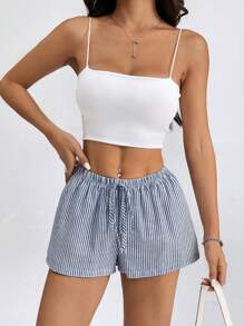 SHEIN PETITE Quần short cạp trễ kẻ sọc cho kỳ nghỉ hè trên bãi biển - Màu xanh hải quân - Xem 7