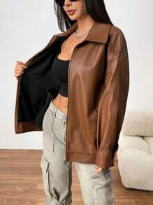 Muchica Women's Plain Color Zip-Up Jacket, Simple And Fashionable For Casual Daily Wear - Chocolate Brown - View 8