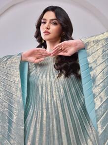 Al Najma 女士圆领长袖褶皱长款阿拉伯风格蝙蝠蝴蝶卡夫坦连衣裙，优雅奢华晚会风格，端庄 - 藍色 - 查看 5