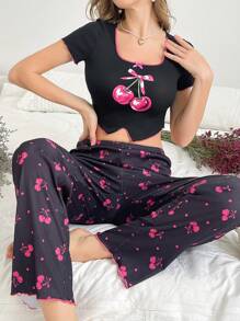 Conjunto de pijama de mujer con estampado de cereza, cuello con volantes y contraste de color