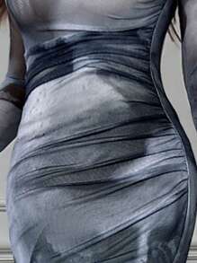 Firerie Women's Elegant Tie-Dye Print Mesh Fitted Bodycon Dress - Blue - View 7