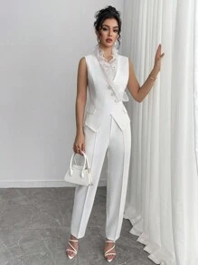 Gloray 2 件套：合身无袖深 V 领 3D 荷叶边口袋纽扣交叉不对称下摆七分阔腿裤，优雅休闲时尚正式服装，适合工作、婚礼、派对、春/夏