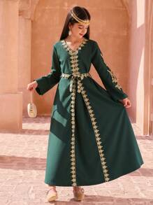 Tween Girl Patchwork Metallic Yarn Knit Dress - Green - View 6