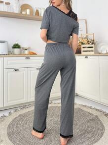 SHEIN Colorblock Lace Splice Oblique Cold Shoulder Short Sleeve Lounge Pajama Set - Dark Grey - View 3