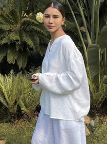 Livesso Solid Color Loose Fit Long Sleeve Round Neck Women Shirt,Fall Clothes Preppy Tops - White - View 6