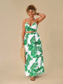 SHEIN VCAY 加上热带印花吊带背心和开叉夏季半身裙 - 白色 - 查看 4