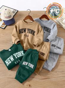 SHEIN Leap Crew 6 件装年轻男童休闲可爱日常舒适英文图案宽松圆领运动衫和裤子套装，买 2 送 1，适合旅行、学校、休闲聚会、秋冬季、返校装、秋季装 - 彩色 - 查看 1