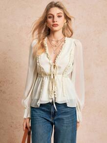 Poéselle Women's Drawstring At Waist Apricot Chiffon Lace-Up Flowing Ruffle Solid Color Long Sleeve Simple Fashion Casual Daily Blouse