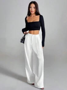 Rafferiza 女士优雅法式白色西装裤，适合通勤和返校 - 白色 - 查看 5