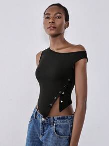 Chiquease Asymmetrical Hem Slit Back Elastic Knitted Fitted Women Tank Top - Black - View 6