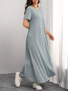 Veilorie Women's Casual Solid Color Textured Short Sleeve Maxi Abaya Dress Modest - Green - View 1