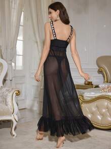 Camisón de malla transparente con encaje de contraste sexy - Negro - Ver 2