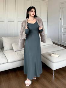 Mulvari 女士长袖纯色长裙，休闲日常穿着 - 藍色 - 查看 5