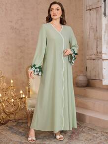 SHEIN Najma Váy midi bó hoa màu tương phản thanh lịch & hàng ngày dành cho nữ, kín đáo - màu xanh lá - Xem 1