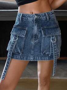 DAZY Falda vaquera con detalles de bolsillo lavada y desgastada para mujer, ropa de otoño - Azul - Ver 5