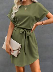 SHEIN Clasi 女士纯色圆领休闲蝙蝠袖短袖连衣裙 - 軍綠色 - 查看 3