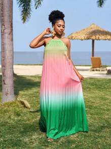 Slaydiva 大码女式渐变色褶皱宽松领带夏季度假连衣裙