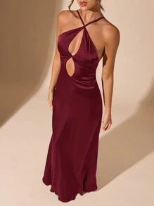 SHEIN BAE 纯黑色性感简约优雅露背系带前镂空长款美人鱼连衣裙，适合毕业典礼、正式活动、鸡尾酒会、浪漫约会、秋冬分层连衣裙、派对、俱乐部、婚礼宾客连衣裙、万圣节服装、圣诞连衣裙，性感镂空镂空 - 酒紅色 - 查看 6