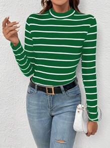 SHEIN LUNE Spring Casual Striped Slim Fit Long Sleeve T-Shirt - Green - View 4