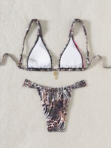 SHEIN Swim Leopard & Floral Print Triangle Cup Bikini Set For Women, For Summer Beach Vacation