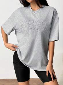 SHEIN EZwear 夏季上衣 粉色纯色字母压花落肩 T 恤 - 灰色 - 查看 3