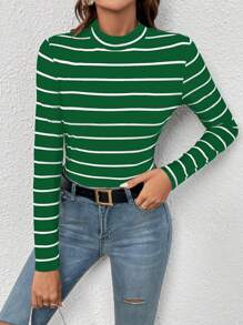 SHEIN LUNE Spring Casual Striped Slim Fit Long Sleeve T-Shirt - Green - View 1