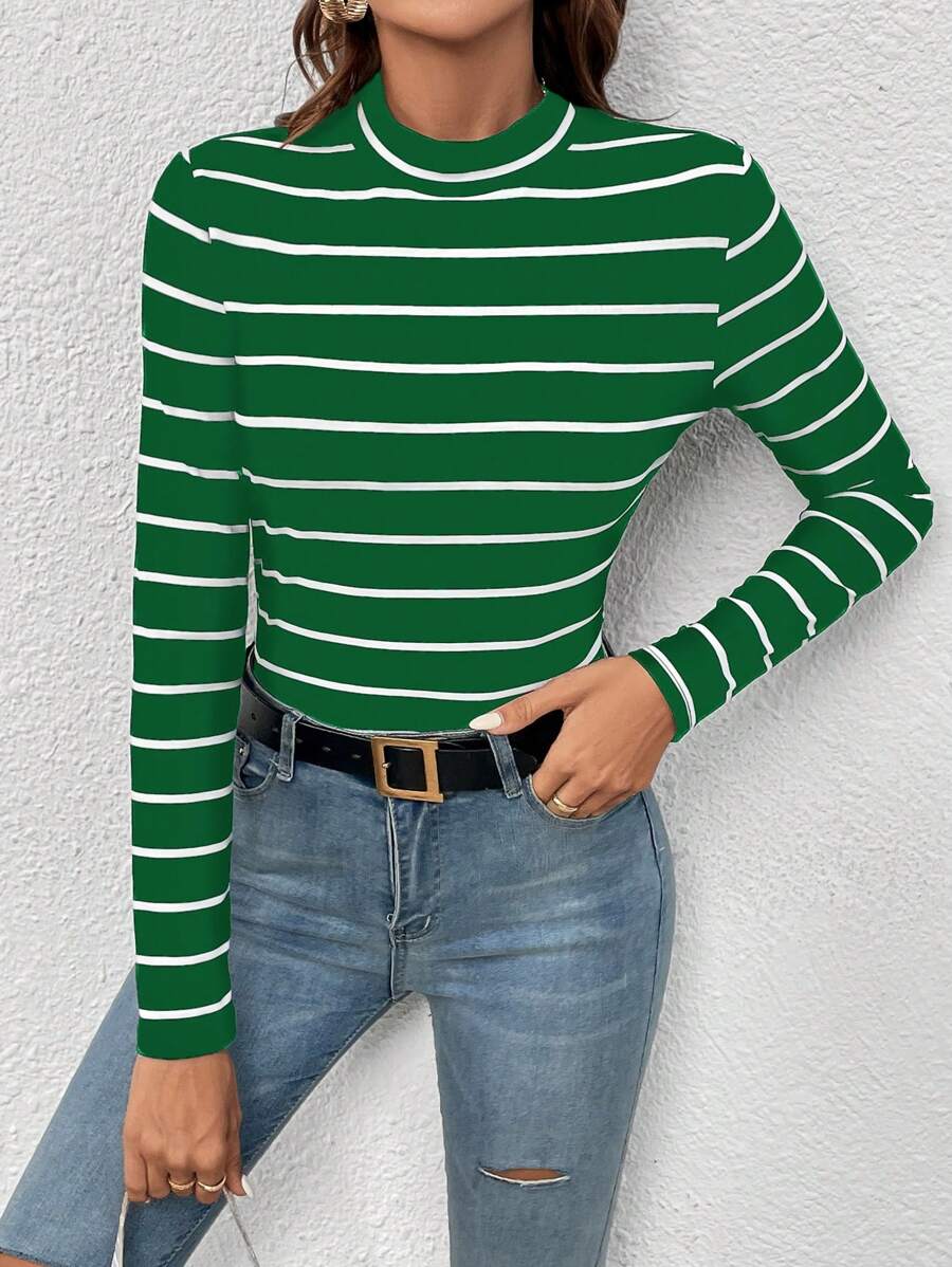 SHEIN LUNE Spring Casual Striped Slim Fit Long Sleeve T-Shirt - Green - View 1