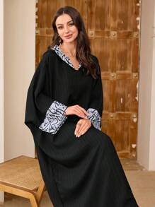 Al Najma 女士优雅撞色花卉印花拼接蝙蝠袖阿拉伯长裙端庄 - 彩色 - 查看 3