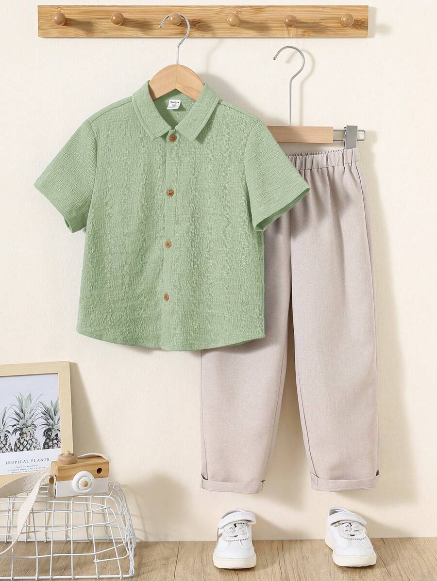 SHEIN 2pcs/Set Young Boys' Casual School Style Comfortable Fashionable & Versatile Soft Polo Shirt & Pants Set, Suitable For Daily Wear, School, Outings, Sports, Spring/Summer