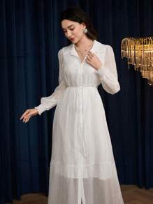 Modelyn 女士纯色长袖长裙，休闲时尚，适合日常穿着 - 白色 - 查看 1